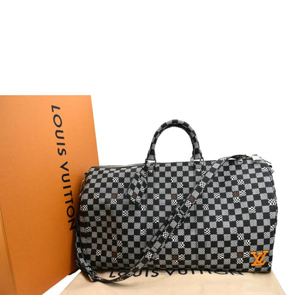 LOUIS VUITTON Keepall Bandouliere 50 Damier Distorted Travel Bag White Black