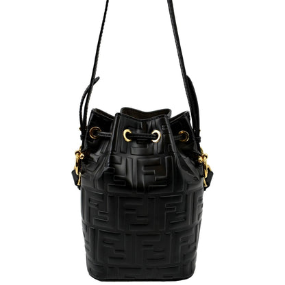 FENDI Mon Tresor Drawstring FF Leather Bucket Bag Black