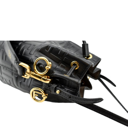 FENDI Mon Tresor Drawstring FF Leather Bucket Bag Black