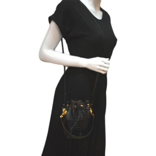 FENDI Mon Tresor Drawstring FF Leather Bucket Bag Black
