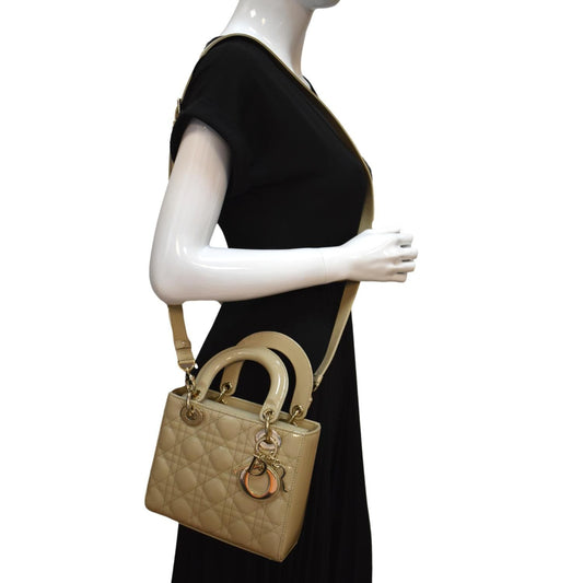 CHRISTIAN DIOR Lady Dior Small Patent Leather Shoulder Bag Beige