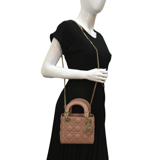 CHRISTIAN DIOR Mini Lady Dior Cannage Calfskin Leather Shoulder Bag Blush