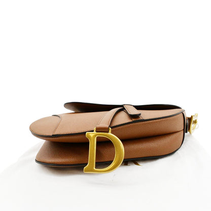 CHRISTIAN DIOR Saddle Grained Calfskin Leather Satchel Bag Cognac