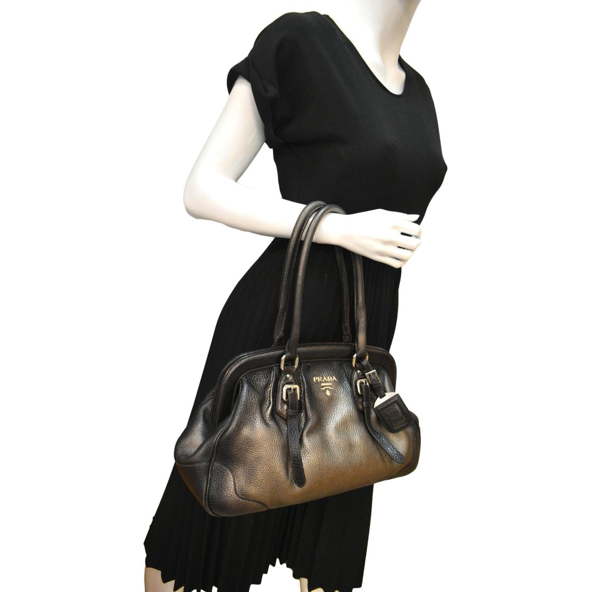 PRADA Gradient Antik Frame Leather Satchel Bag Bronze Metallic