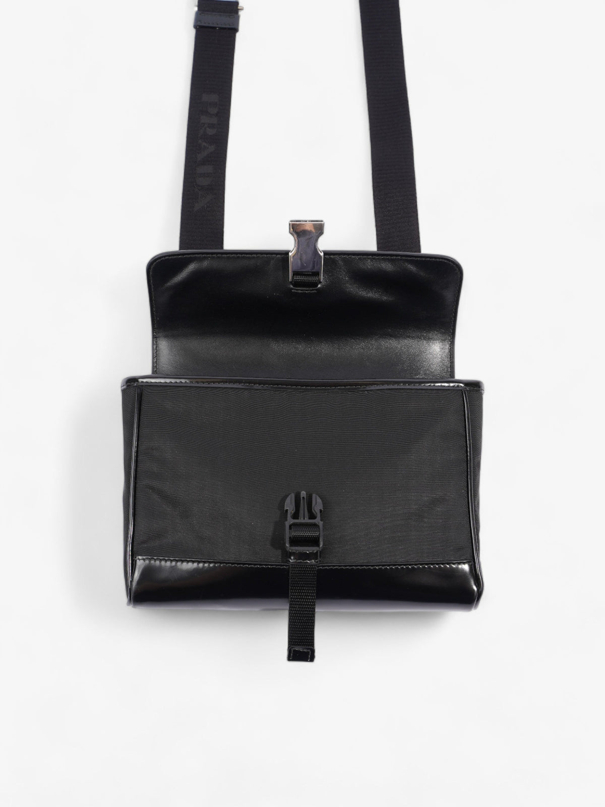 Prada Buckle-Flap Branded Messenger Black Re Nylon