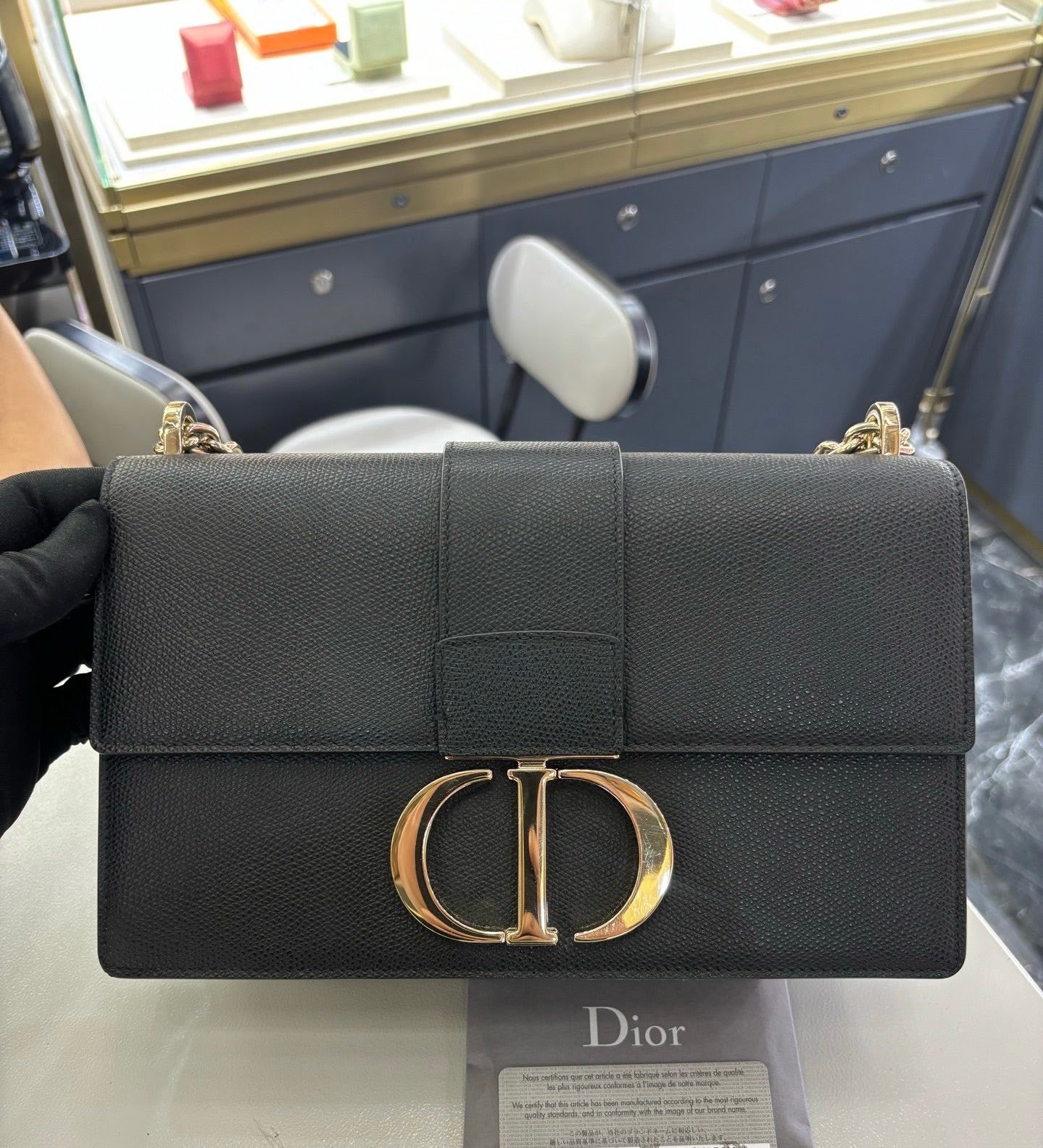 Pre-owned Certified Dior 30 Montaigne East-West Medium in Black Grained Calfskin with Light Golden Hardware, 2020, w/ dust bag, Dior card