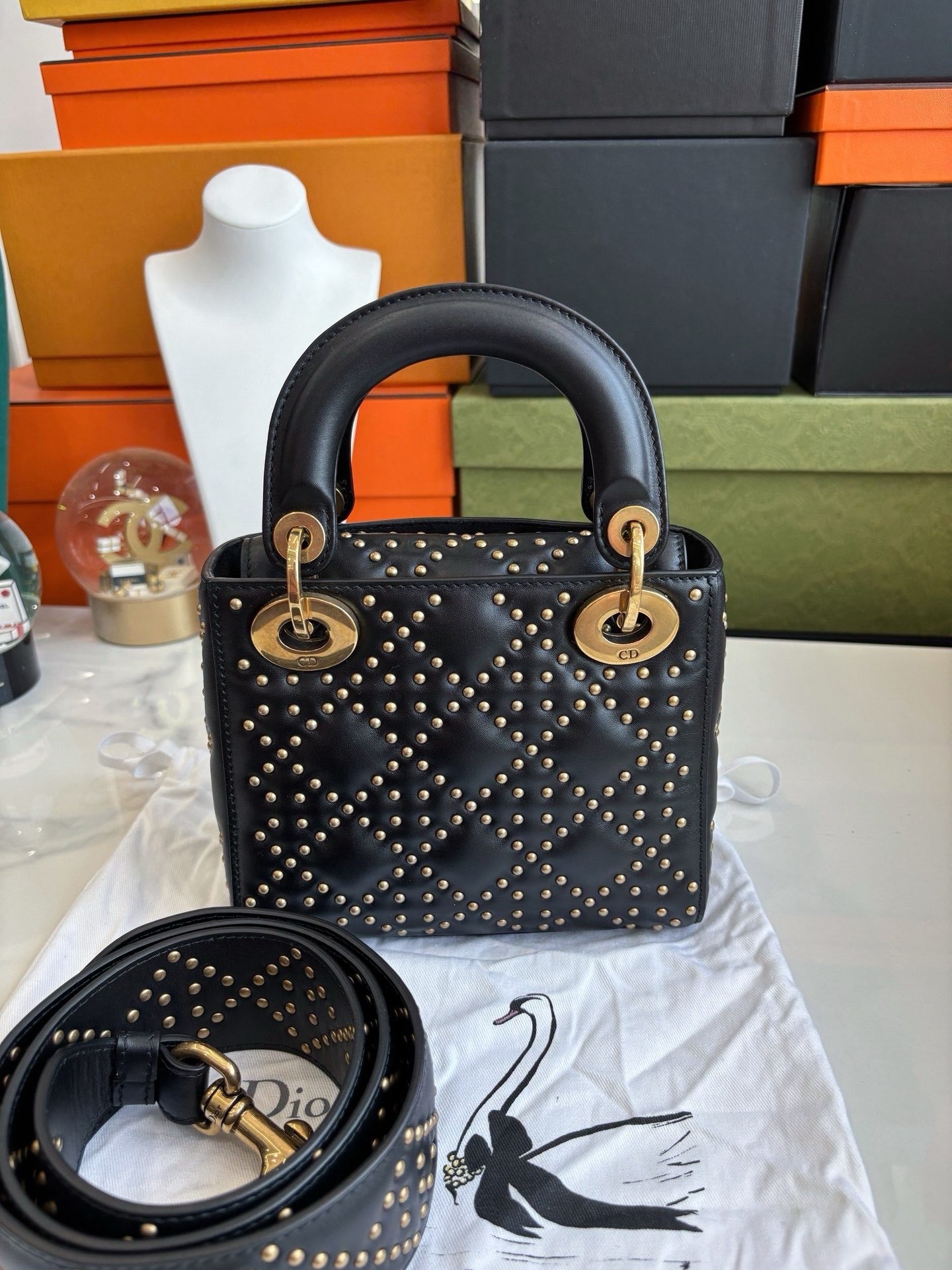 Pre-owned Certified Dior Mini Lady Dior Black Studded with Golden Hardware, w/ Full Set