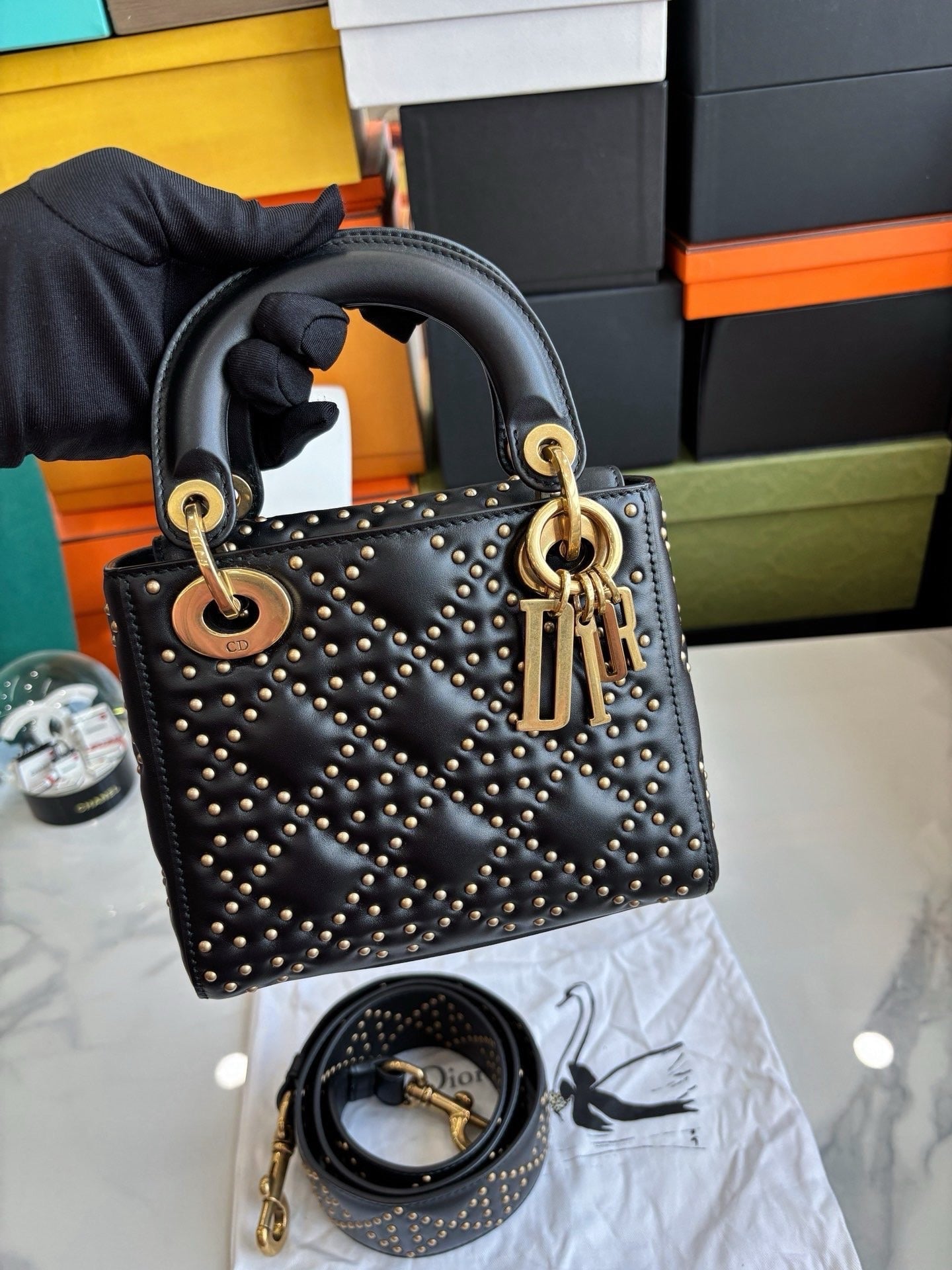 Pre-owned Certified Dior Mini Lady Dior Black Studded with Golden Hardware, w/ Full Set