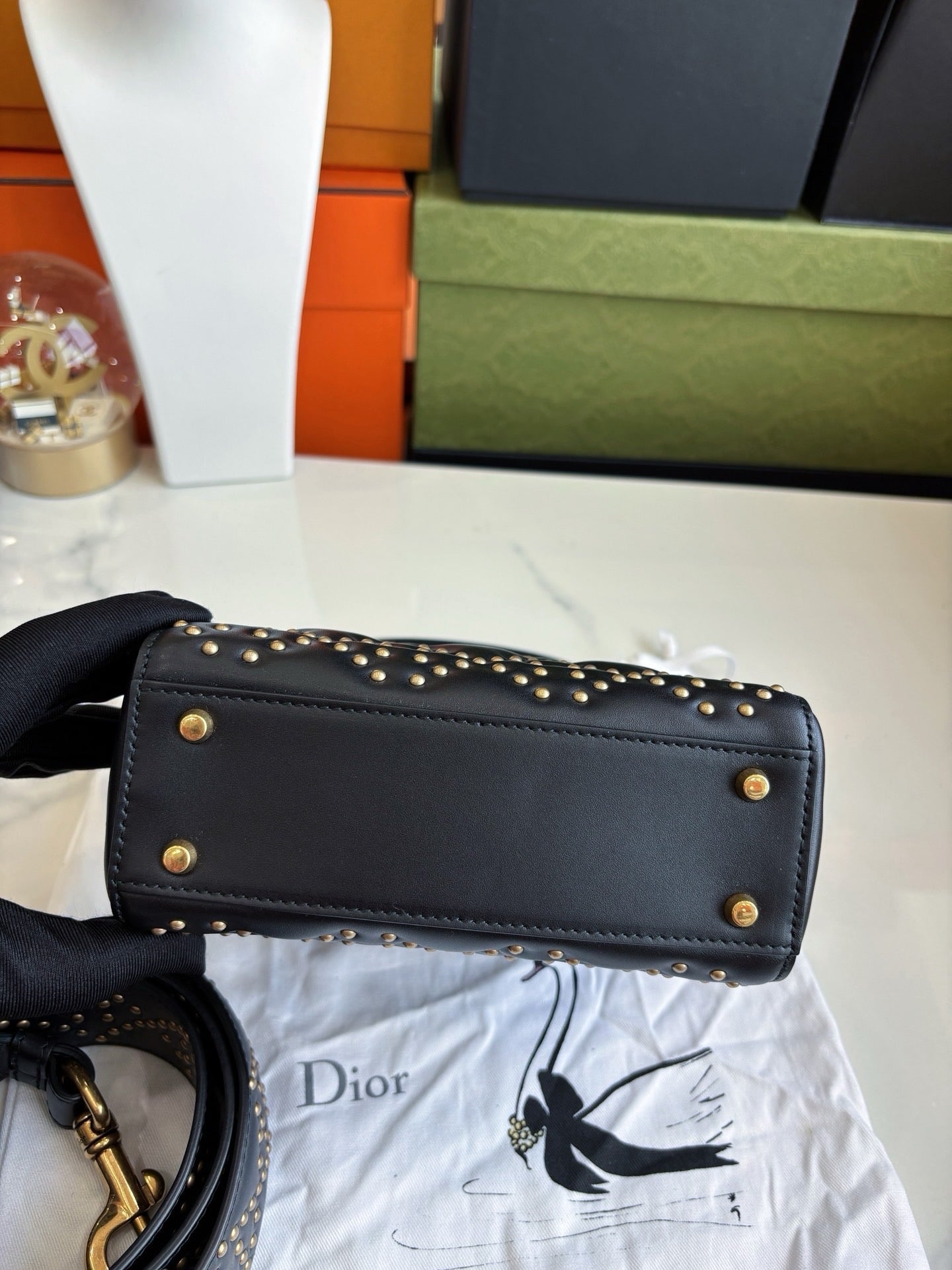 Pre-owned Certified Dior Mini Lady Dior Black Studded with Golden Hardware, w/ Full Set