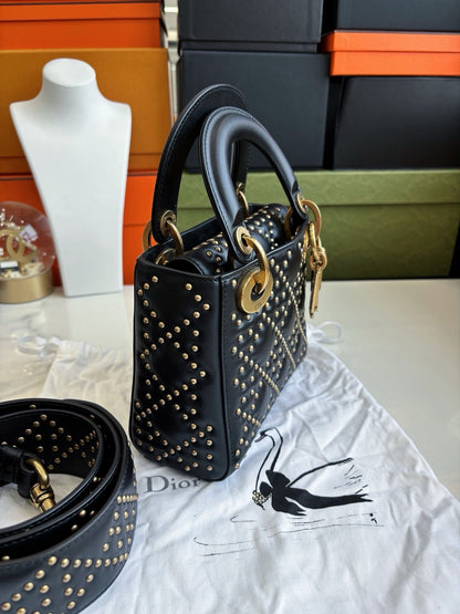 Pre-owned Certified Dior Mini Lady Dior Black Studded with Golden Hardware, w/ Full Set