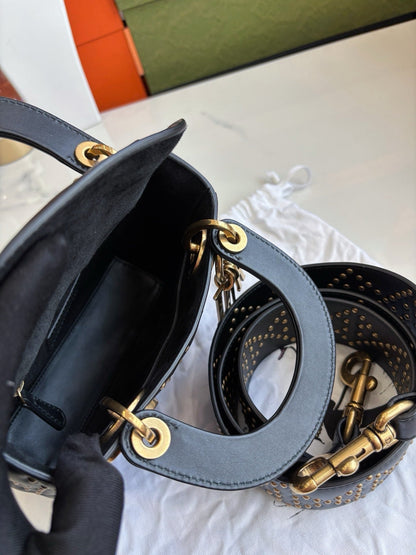 Pre-owned Certified Dior Mini Lady Dior Black Studded with Golden Hardware, w/ Full Set