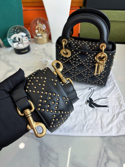 Pre-owned Certified Dior Mini Lady Dior Black Studded with Golden Hardware, w/ Full Set
