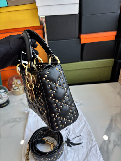 Pre-owned Certified Dior Mini Lady Dior Black Studded with Golden Hardware, w/ Full Set