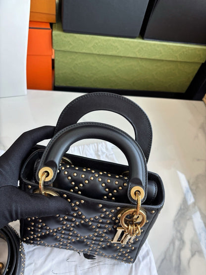 Pre-owned Certified Dior Mini Lady Dior Black Studded with Golden Hardware, w/ Full Set