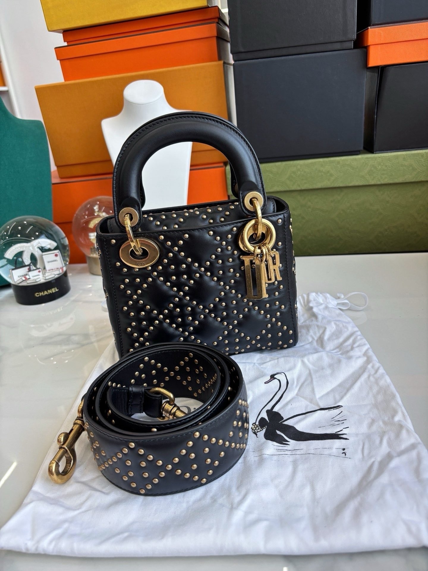 Pre-owned Certified Dior Mini Lady Dior Black Studded with Golden Hardware, w/ Full Set