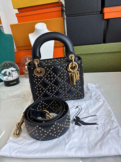 Pre-owned Certified Dior Mini Lady Dior Black Studded with Golden Hardware, w/ Full Set