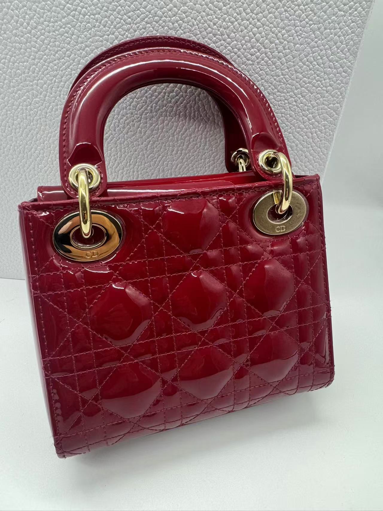 Pre-owned Certified Dior Mini Lady Dior Dark Cherry Red Patent Leather with Golden Hardware, 2020, w/ full set - box, dust bag, chain