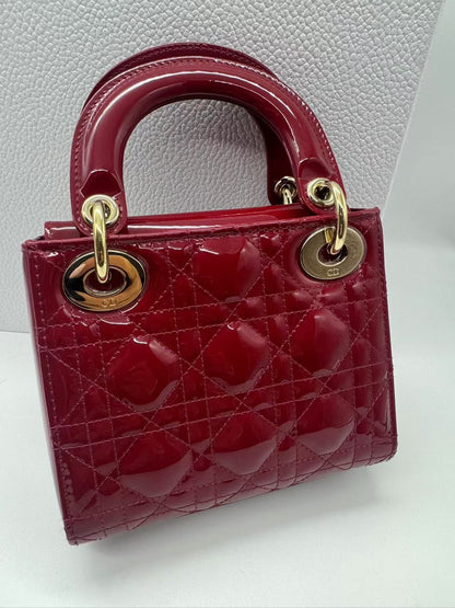 Pre-owned Certified Dior Mini Lady Dior Dark Cherry Red Patent Leather with Golden Hardware, 2020, w/ full set - box, dust bag, chain