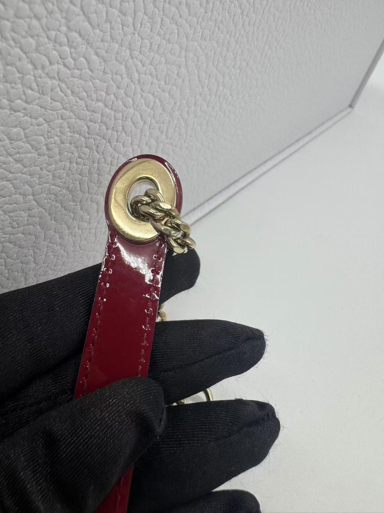 Pre-owned Certified Dior Mini Lady Dior Dark Cherry Red Patent Leather with Golden Hardware, 2020, w/ full set - box, dust bag, chain