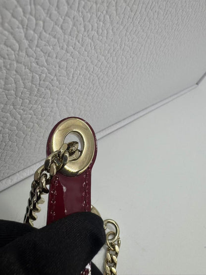 Pre-owned Certified Dior Mini Lady Dior Dark Cherry Red Patent Leather with Golden Hardware, 2020, w/ full set - box, dust bag, chain