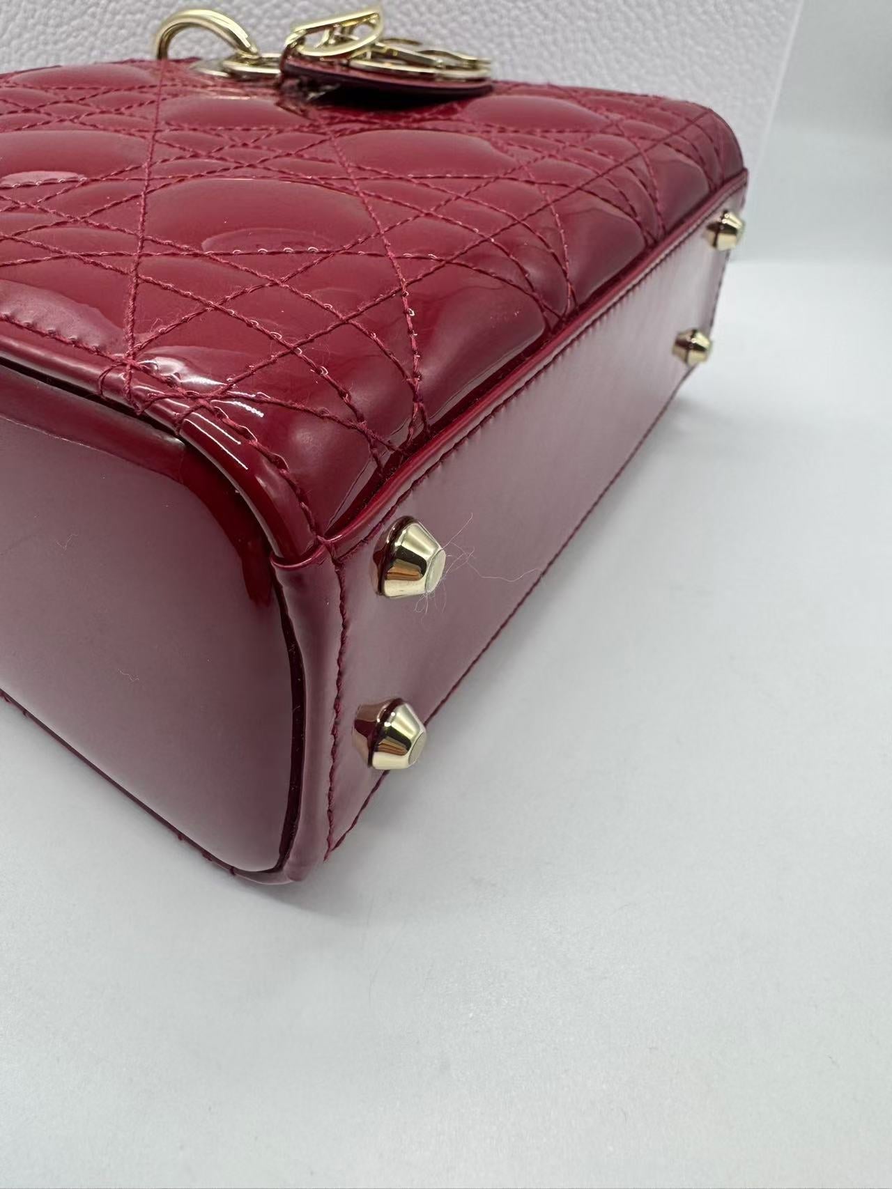 Pre-owned Certified Dior Mini Lady Dior Dark Cherry Red Patent Leather with Golden Hardware, 2020, w/ full set - box, dust bag, chain