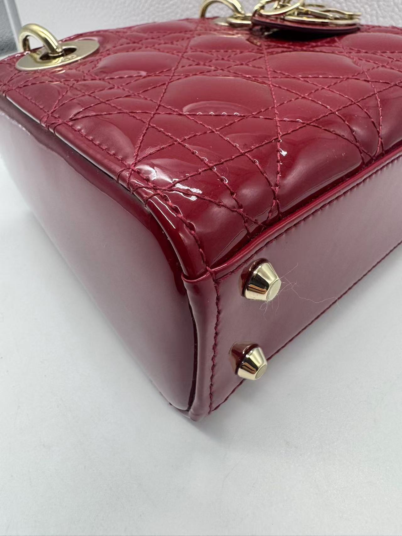 Pre-owned Certified Dior Mini Lady Dior Dark Cherry Red Patent Leather with Golden Hardware, 2020, w/ full set - box, dust bag, chain