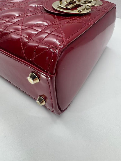 Pre-owned Certified Dior Mini Lady Dior Dark Cherry Red Patent Leather with Golden Hardware, 2020, w/ full set - box, dust bag, chain