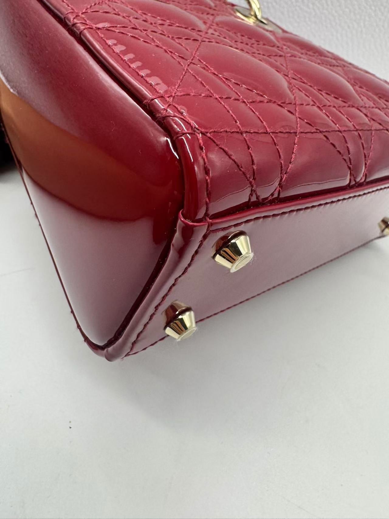Pre-owned Certified Dior Mini Lady Dior Dark Cherry Red Patent Leather with Golden Hardware, 2020, w/ full set - box, dust bag, chain
