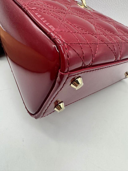 Pre-owned Certified Dior Mini Lady Dior Dark Cherry Red Patent Leather with Golden Hardware, 2020, w/ full set - box, dust bag, chain
