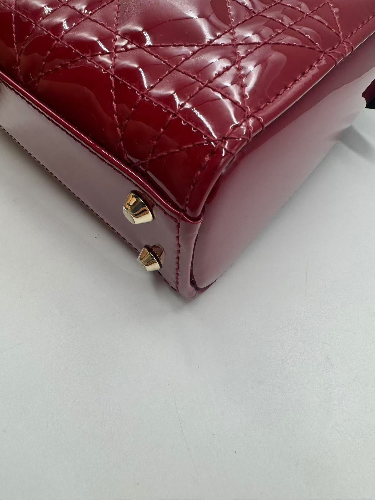 Pre-owned Certified Dior Mini Lady Dior Dark Cherry Red Patent Leather with Golden Hardware, 2020, w/ full set - box, dust bag, chain