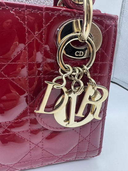 Pre-owned Certified Dior Mini Lady Dior Dark Cherry Red Patent Leather with Golden Hardware, 2020, w/ full set - box, dust bag, chain