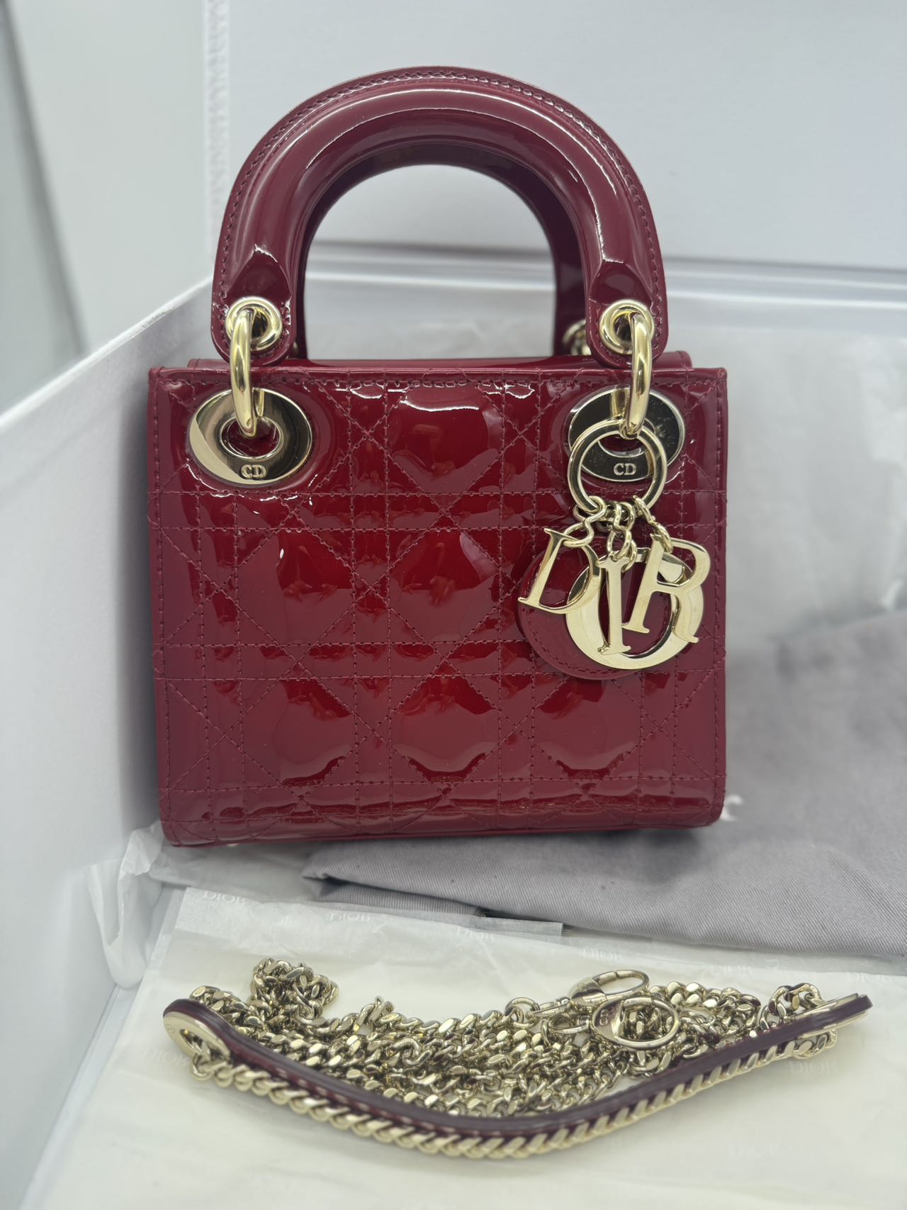 Pre-owned Certified Dior Mini Lady Dior Dark Cherry Red Patent Leather with Golden Hardware, 2020, w/ full set - box, dust bag, chain