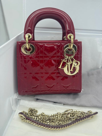Pre-owned Certified Dior Mini Lady Dior Dark Cherry Red Patent Leather with Golden Hardware, 2020, w/ full set - box, dust bag, chain