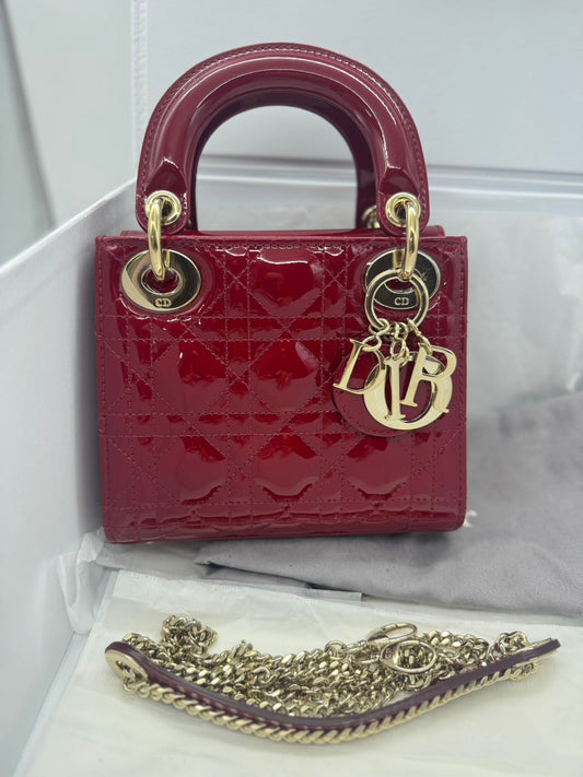 Pre-owned Certified Dior Mini Lady Dior Dark Cherry Red Patent Leather with Golden Hardware, 2020, w/ full set - box, dust bag, chain