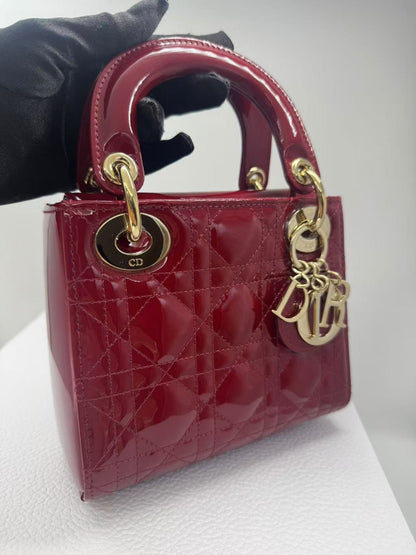 Pre-owned Certified Dior Mini Lady Dior Dark Cherry Red Patent Leather with Golden Hardware, 2020, w/ full set - box, dust bag, chain