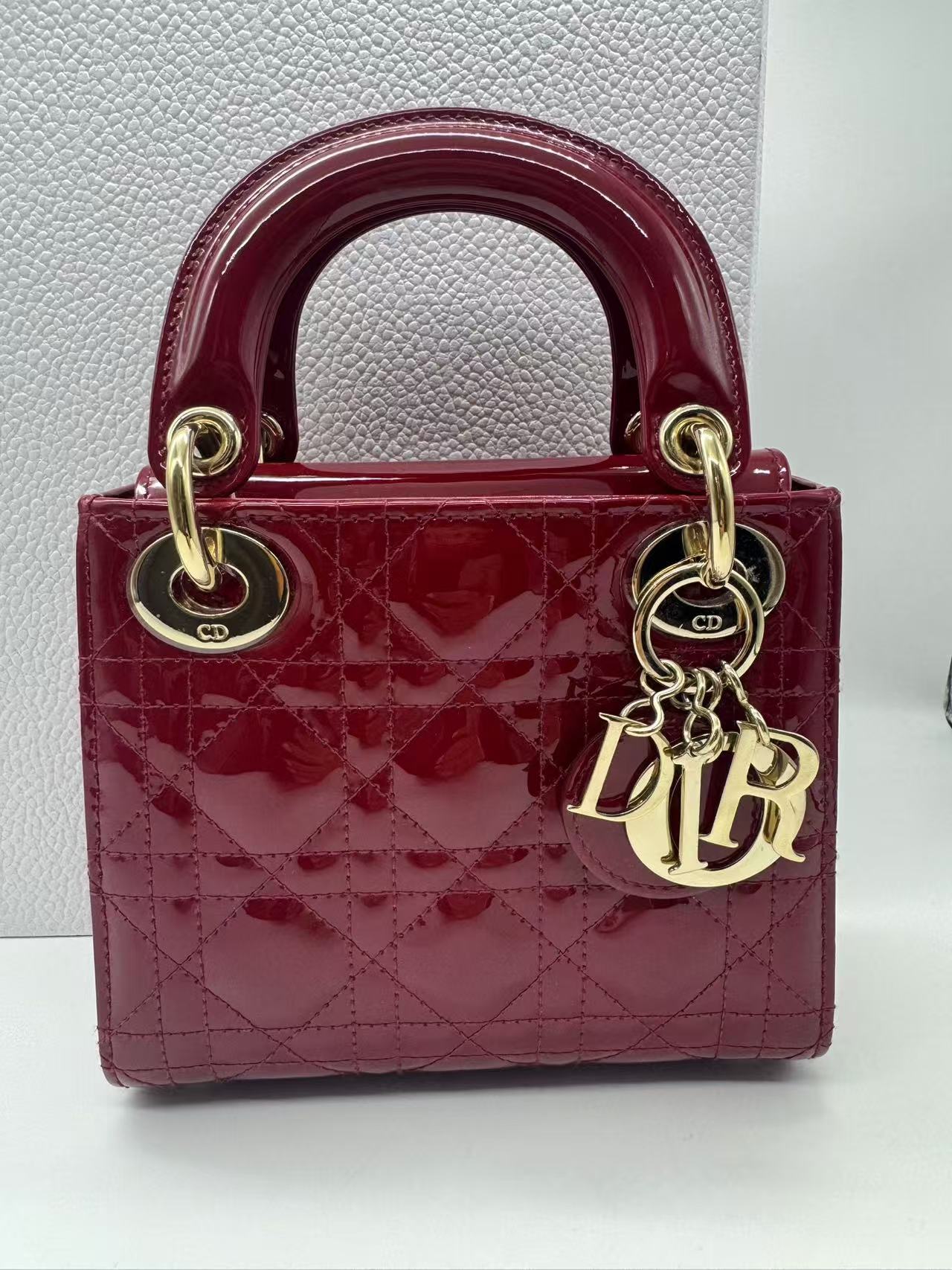 Pre-owned Certified Dior Mini Lady Dior Dark Cherry Red Patent Leather with Golden Hardware, 2020, w/ full set - box, dust bag, chain