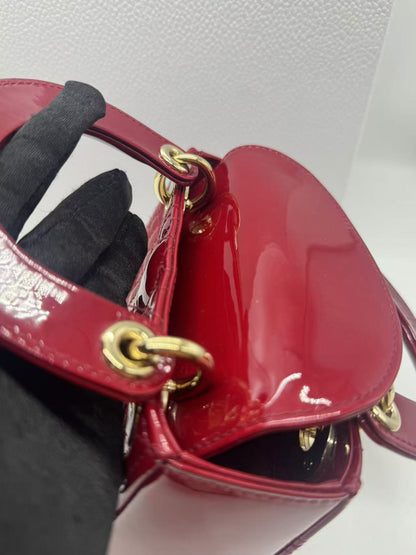 Pre-owned Certified Dior Mini Lady Dior Dark Cherry Red Patent Leather with Golden Hardware, 2020, w/ full set - box, dust bag, chain