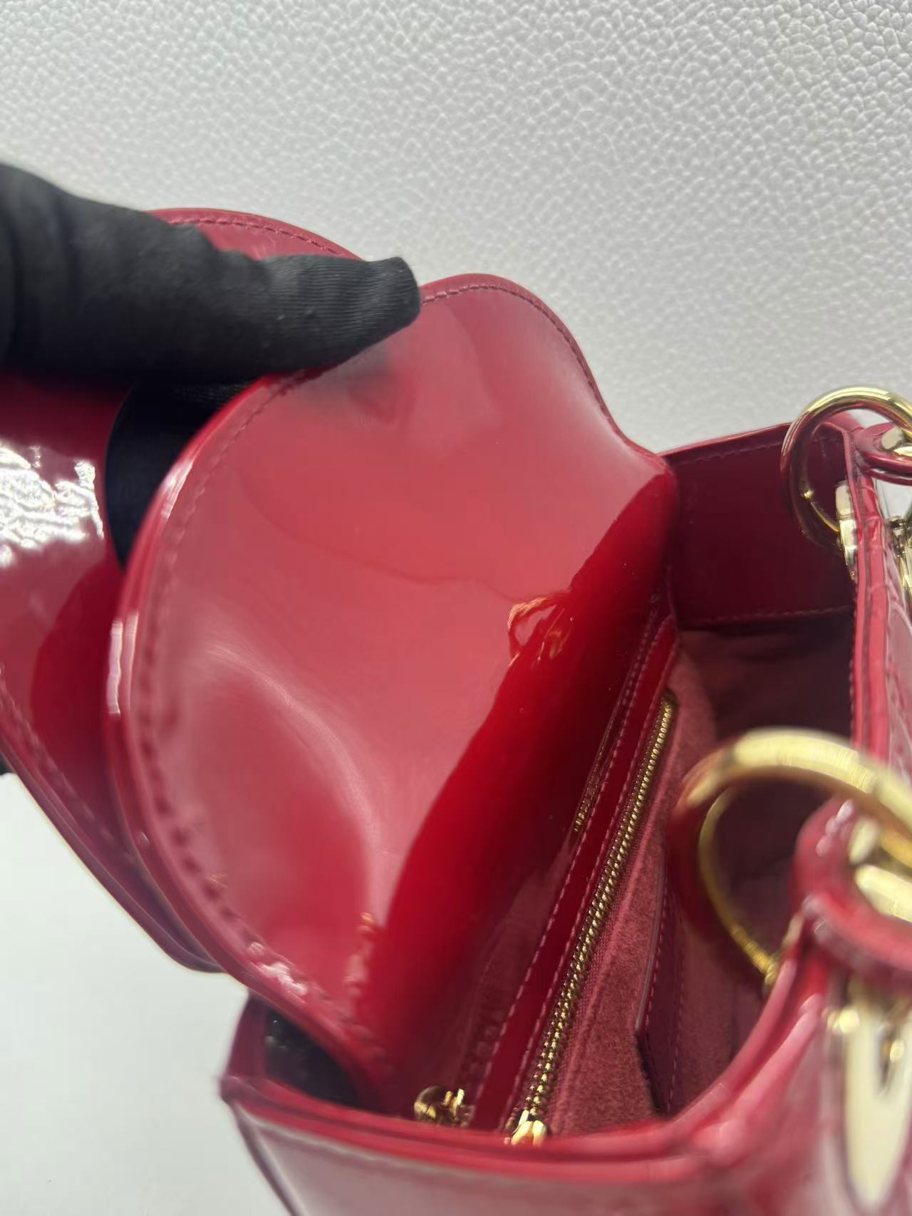 Pre-owned Certified Dior Mini Lady Dior Dark Cherry Red Patent Leather with Golden Hardware, 2020, w/ full set - box, dust bag, chain