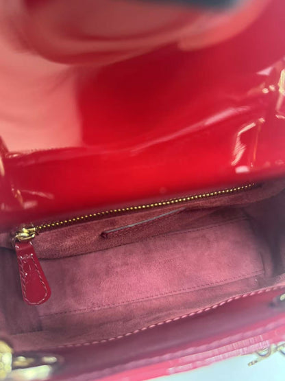 Pre-owned Certified Dior Mini Lady Dior Dark Cherry Red Patent Leather with Golden Hardware, 2020, w/ full set - box, dust bag, chain