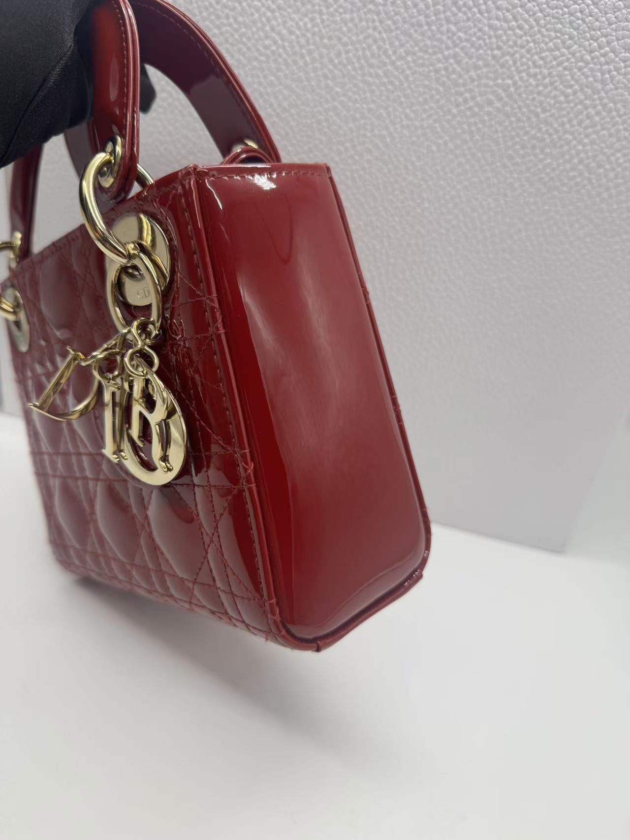 Pre-owned Certified Dior Mini Lady Dior Dark Cherry Red Patent Leather with Golden Hardware, 2020, w/ full set - box, dust bag, chain