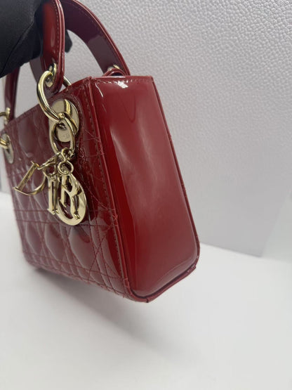 Pre-owned Certified Dior Mini Lady Dior Dark Cherry Red Patent Leather with Golden Hardware, 2020, w/ full set - box, dust bag, chain