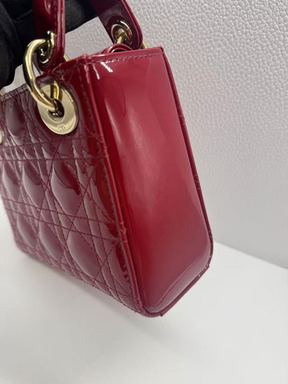 Pre-owned Certified Dior Mini Lady Dior Dark Cherry Red Patent Leather with Golden Hardware, 2020, w/ full set - box, dust bag, chain