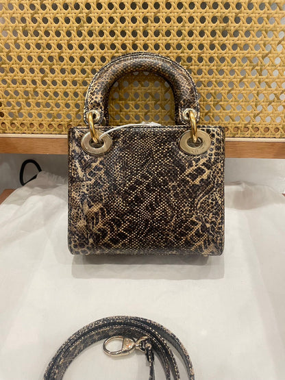 Pre-owned Certified Dior Mini Lady Dior Natural Rare Lizard Skin in Neutral Shades Python Pattern with Golden Hardware, 2017, w/ Full Set