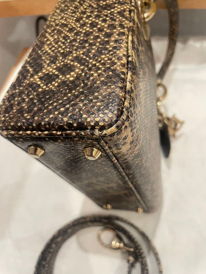 Pre-owned Certified Dior Mini Lady Dior Natural Rare Lizard Skin in Neutral Shades Python Pattern with Golden Hardware, 2017, w/ Full Set