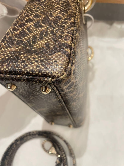 Pre-owned Certified Dior Mini Lady Dior Natural Rare Lizard Skin in Neutral Shades Python Pattern with Golden Hardware, 2017, w/ Full Set