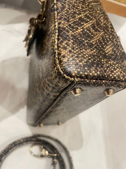 Pre-owned Certified Dior Mini Lady Dior Natural Rare Lizard Skin in Neutral Shades Python Pattern with Golden Hardware, 2017, w/ Full Set