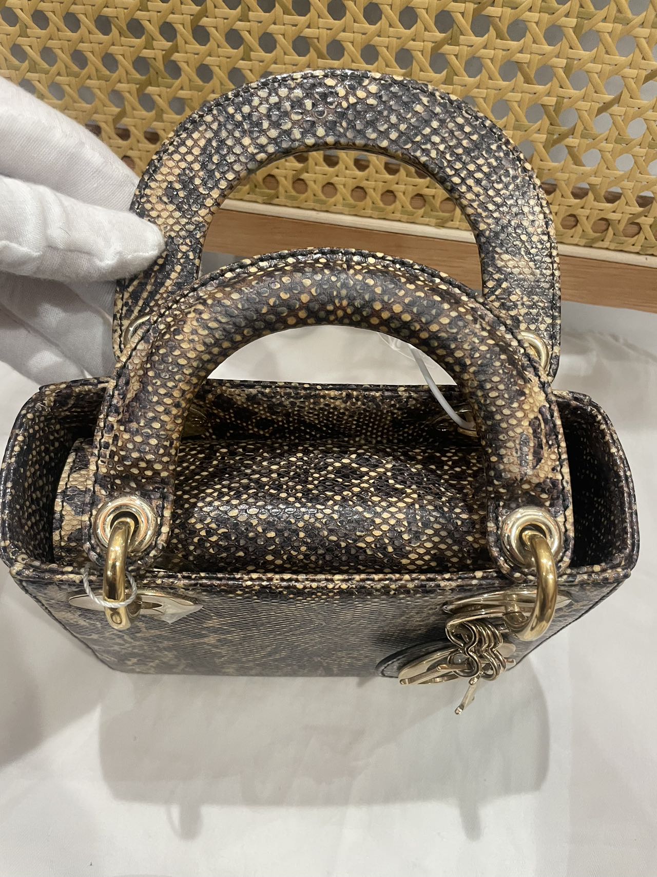 Pre-owned Certified Dior Mini Lady Dior Natural Rare Lizard Skin in Neutral Shades Python Pattern with Golden Hardware, 2017, w/ Full Set