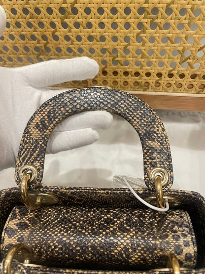 Pre-owned Certified Dior Mini Lady Dior Natural Rare Lizard Skin in Neutral Shades Python Pattern with Golden Hardware, 2017, w/ Full Set