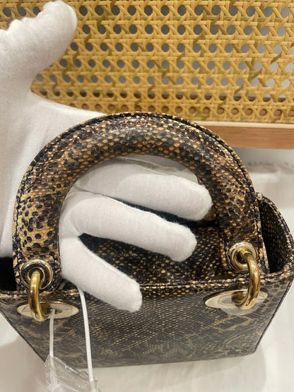 Pre-owned Certified Dior Mini Lady Dior Natural Rare Lizard Skin in Neutral Shades Python Pattern with Golden Hardware, 2017, w/ Full Set