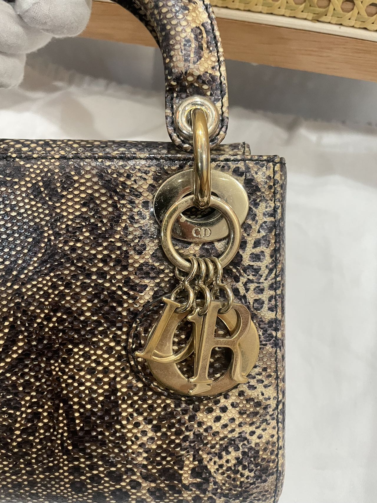 Pre-owned Certified Dior Mini Lady Dior Natural Rare Lizard Skin in Neutral Shades Python Pattern with Golden Hardware, 2017, w/ Full Set